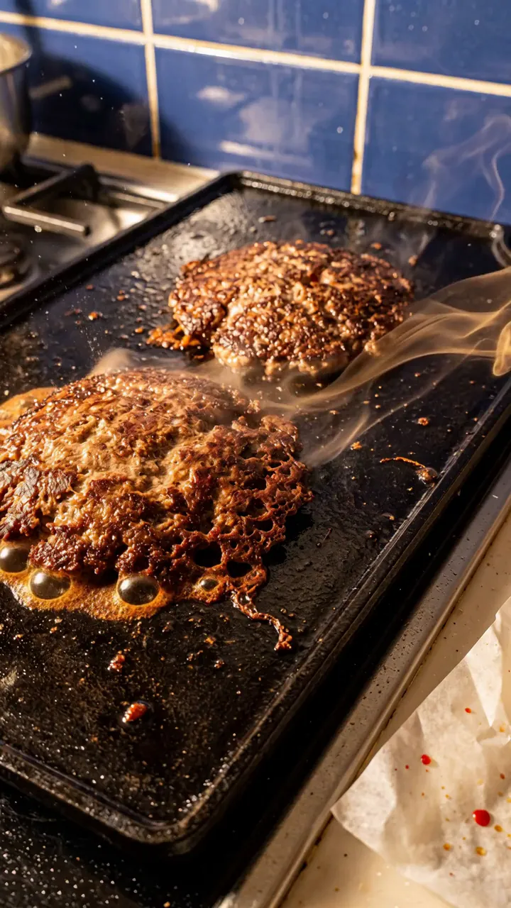 Film frame: smash patties searing on cast iron