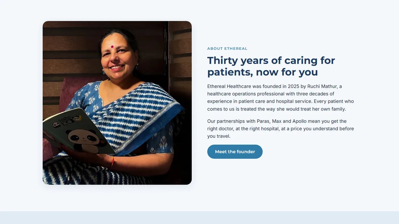 Ethereal Healthcare site: the founder story section