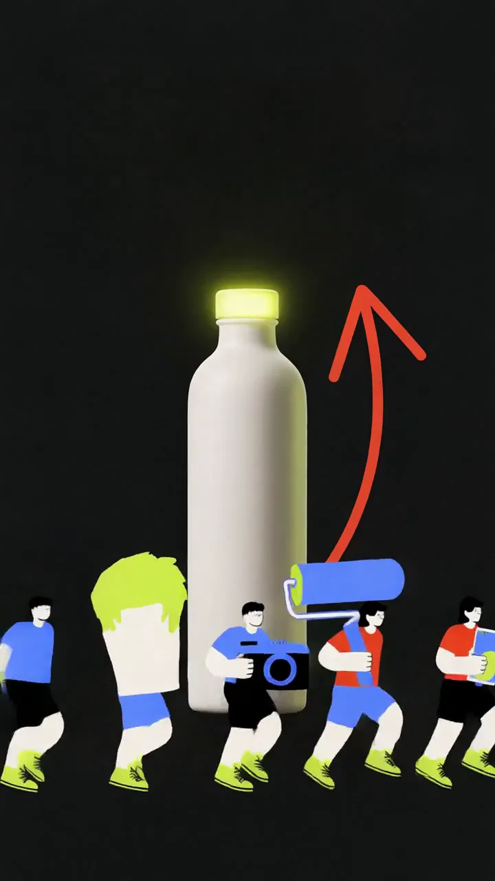 Film frame: a flat vector crew carrying paint rollers around a real bottle