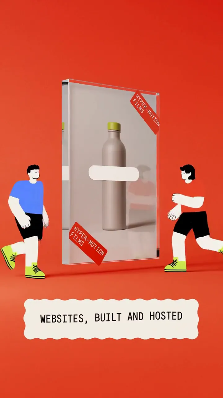 Film frame: Websites, built and hosted, two characters at a glass slab