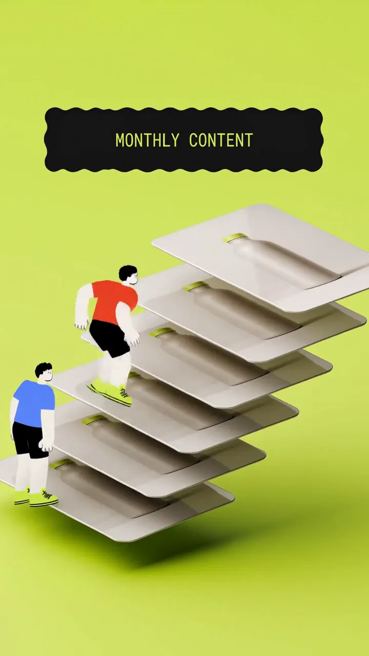 Film frame: Monthly content, a character climbing a stack of cards