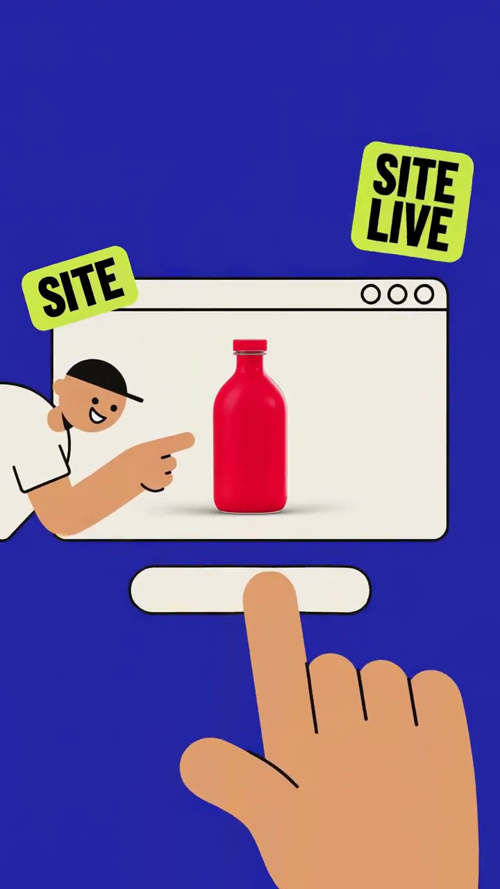 Film frame: Site live, the product in a browser window on cobalt