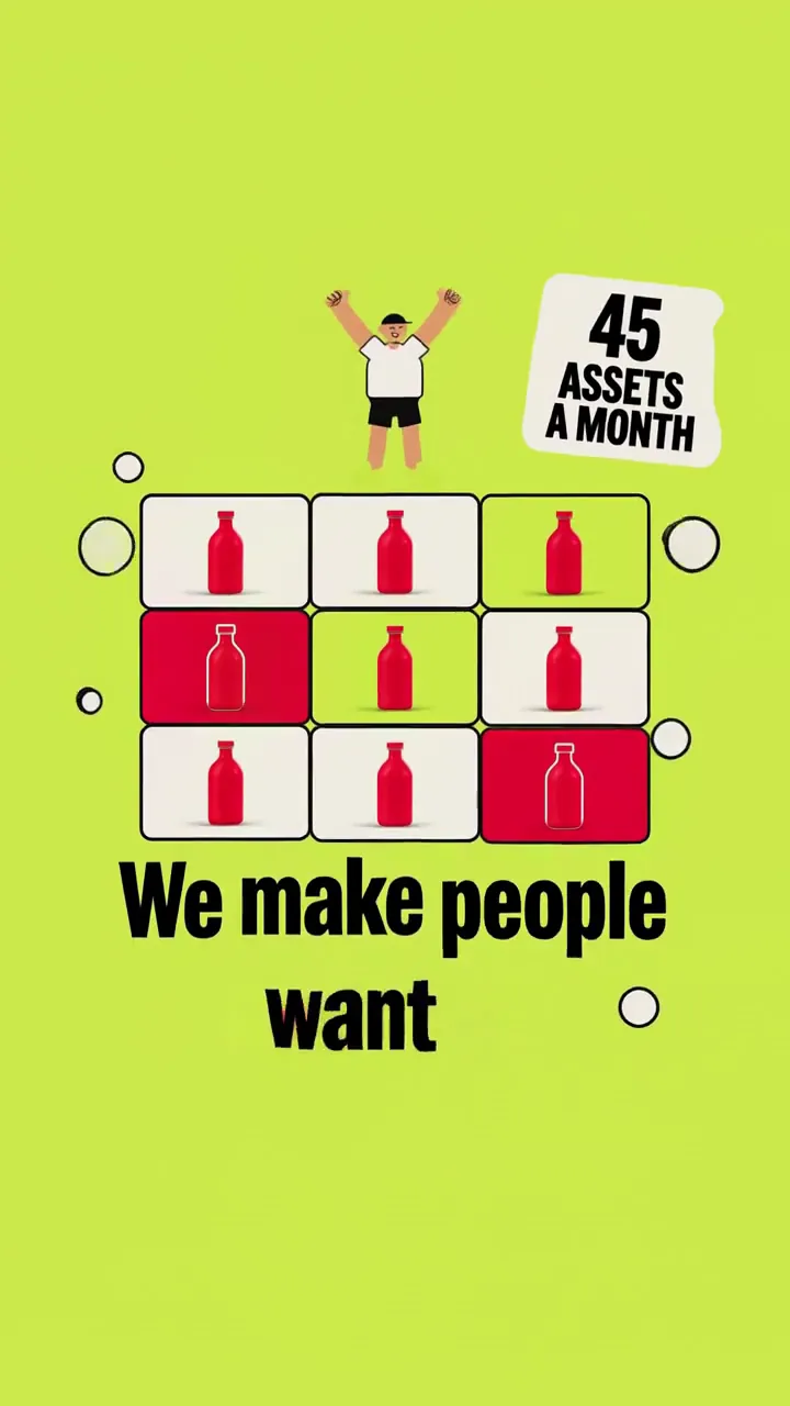 Film frame: 45 assets a month, a content grid on lime