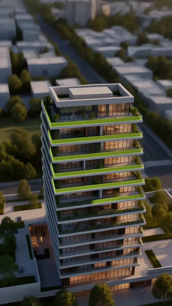 Film frame: the finished tower with its lime rails from above