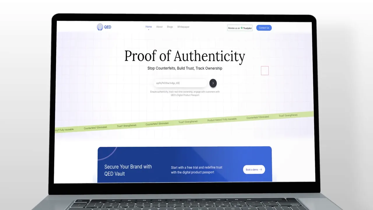 QED Vault film frame: the Proof of Authenticity page on a laptop