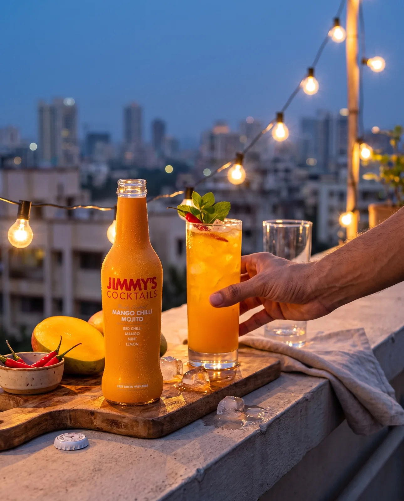 Jimmy's Cocktails on a rooftop ledge at dusk