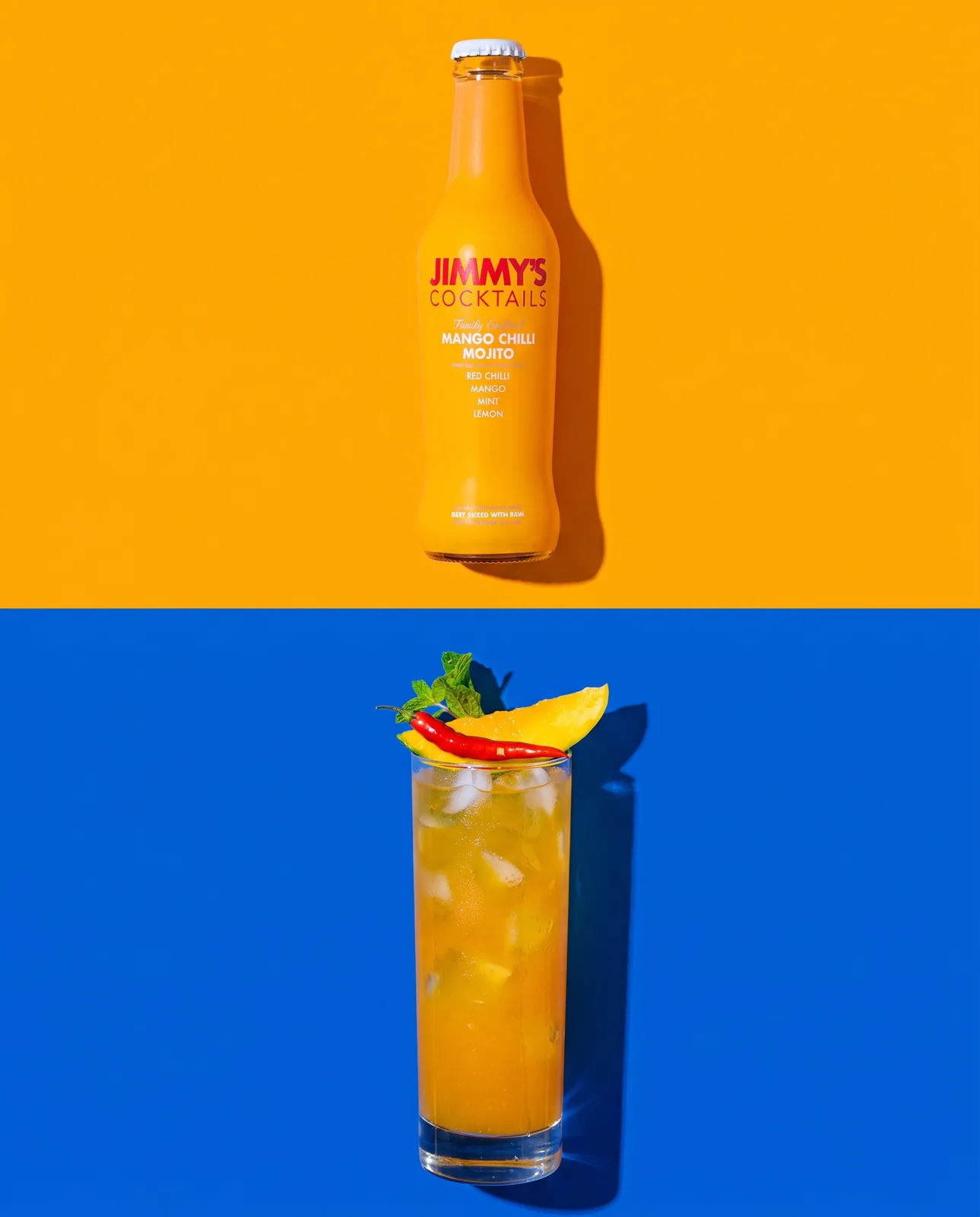 Bottle above, poured drink below, split on mango and cobalt