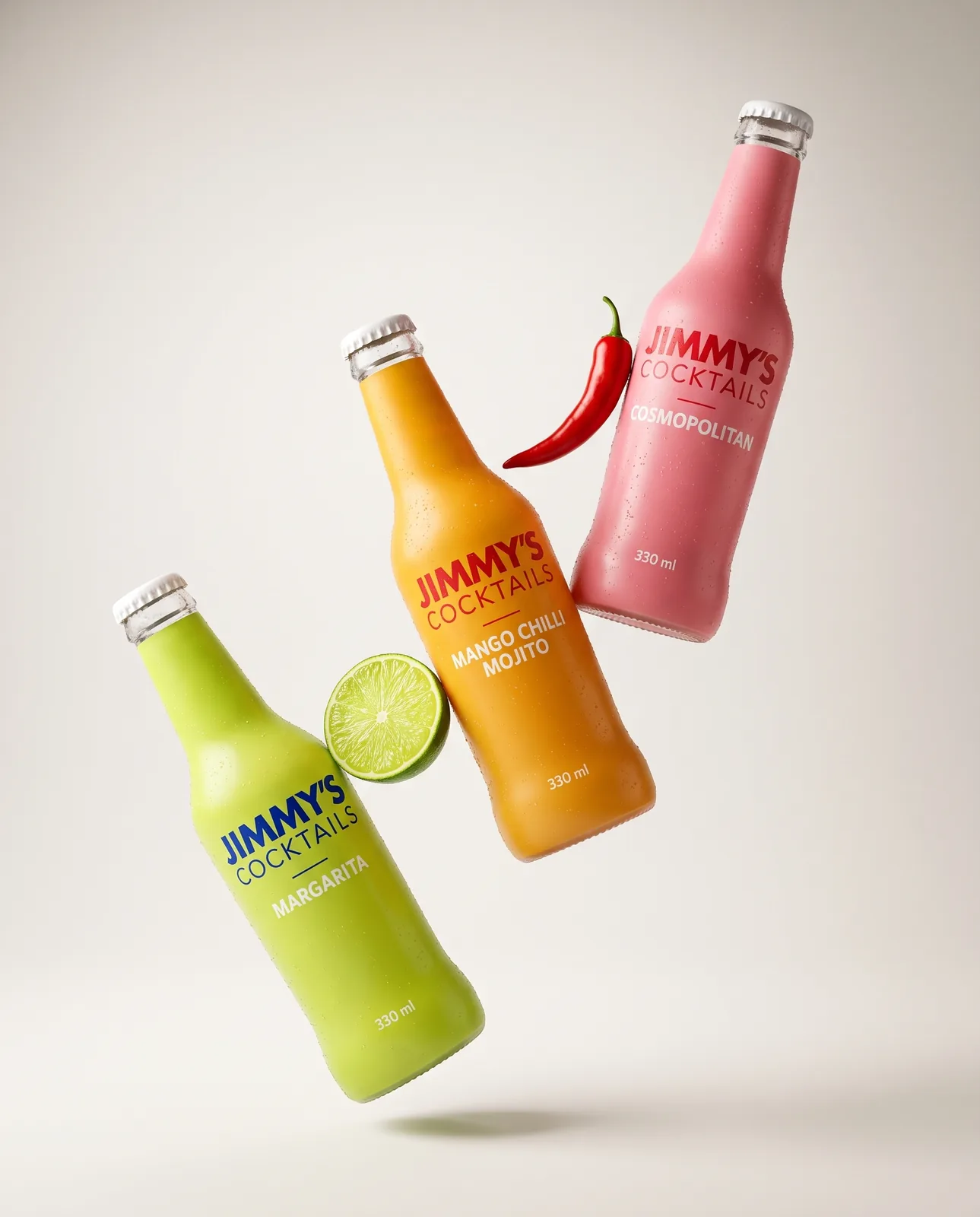 Three Jimmy's Cocktails bottles levitating on bone