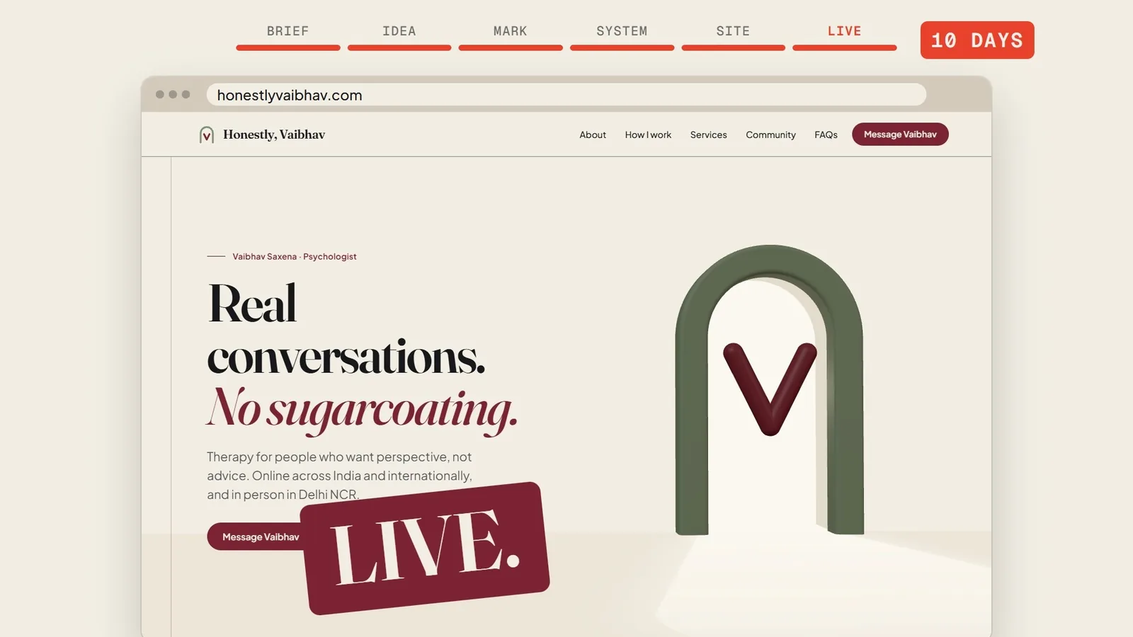Honestly, Vaibhav: the arch and V logo becoming a website
