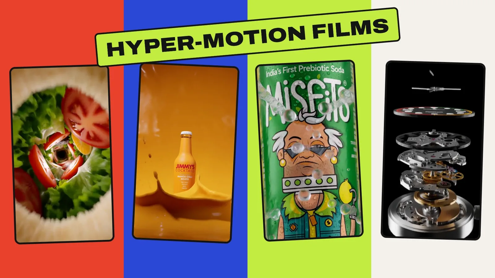 The Picante Studio film: four product films in colour panels under a Hyper-motion films sticker